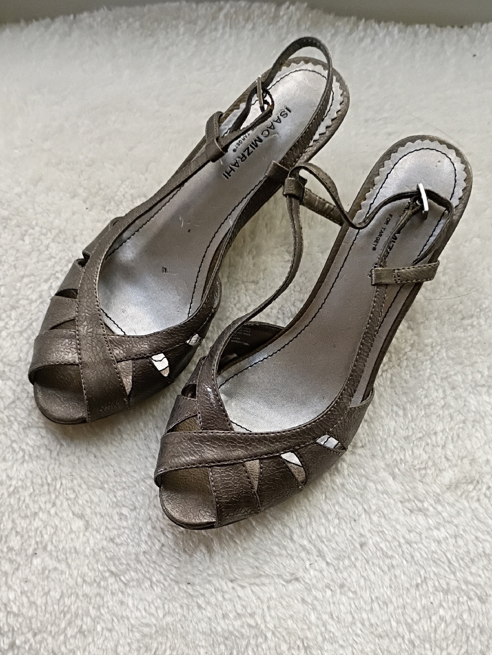 Women's Metallic Pewter / Silver Slingback Peep-Toe Heels